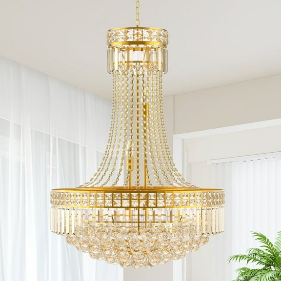 KPIBEST Modern Empire Style K9 Crystal Chandeliers Light 13 Lights Ceiling Haning Chandelier, Pendant Lighting for Living Room, Dining Room, Foyer, Entryway, Hallway Gold