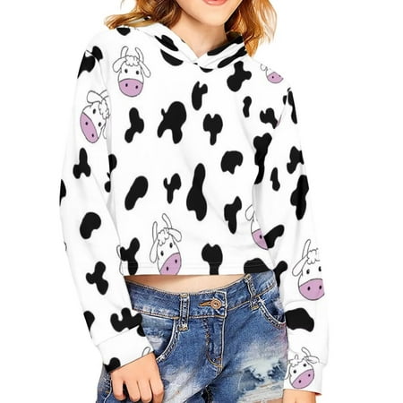 

Renewold Hoodie for Youth Girls 11-12 Years Cow Print Long Sleeves Loose Pullover Cropped Hoodies Lightweight Breathable Hoodied Cold Weather Outdoor Workout Clothes