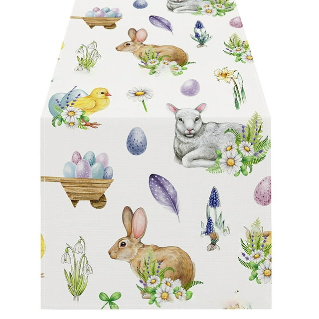 asddcavvf Table Décoration Chemin de Pâques en Lin Imprimé Lapin Nappe de Fête de Vacances Nappe Tapis g