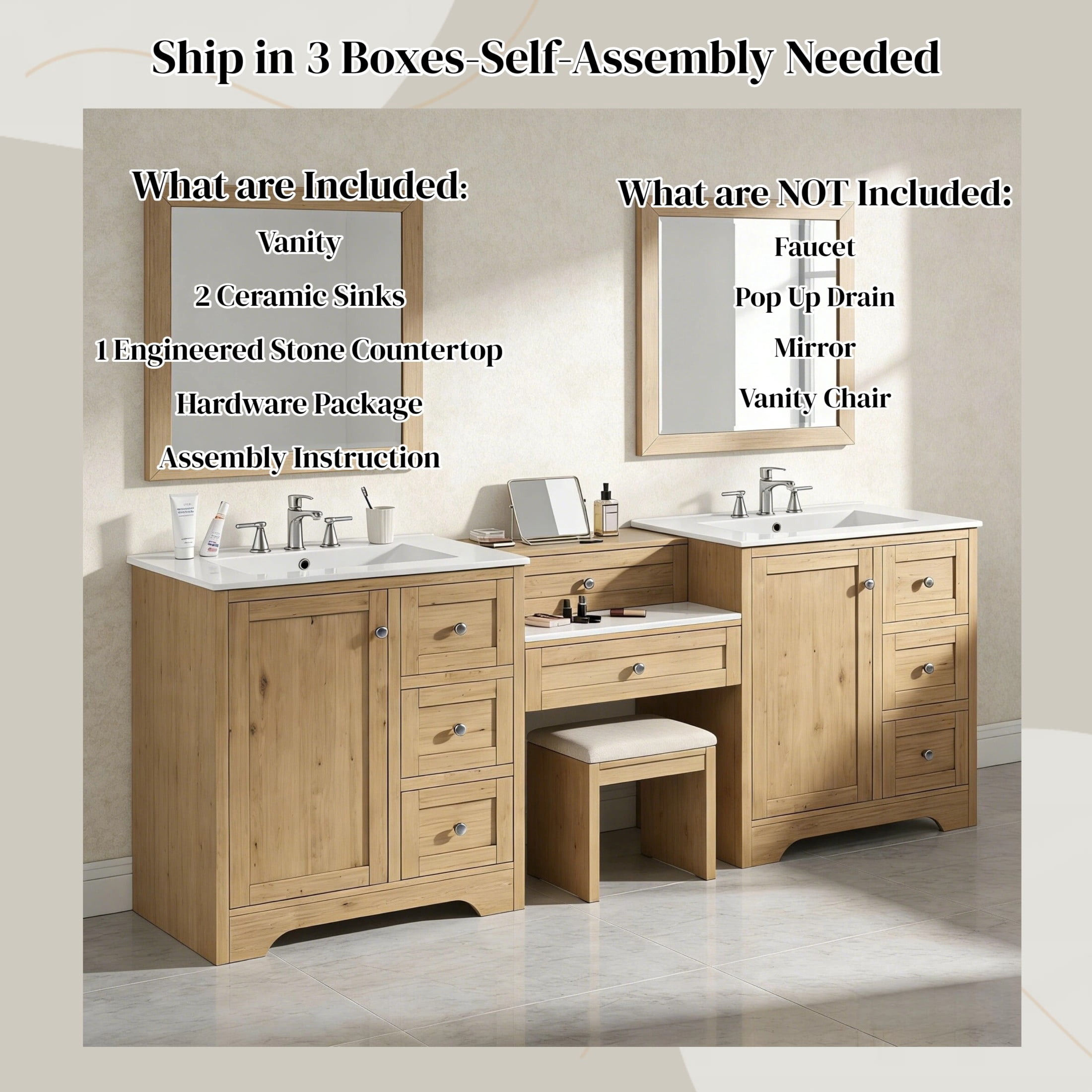 Christopher Knight Home 84" Large Double Sink Bathroom Vanity with Drawers Soft-Close Storage Cabinet, Wood