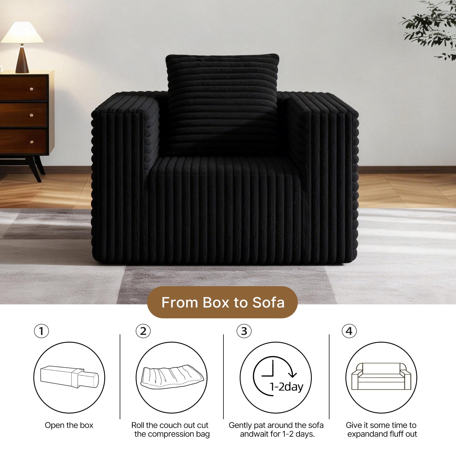Small Boneless Sofa Chair, No Assembly Corduroy Memory Foam Cloud Reading Chair with Throw Pillow for Living Room Bedroom Playroom