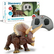 Discovery Kids RC Triceratops, LED Infrared Remote Control Dinosaur, Built-in Speakers with Digital Sound Effects, Includes Glowing Eyes, Life-like Motion, A Great Toy for Girls/Boy, Orange