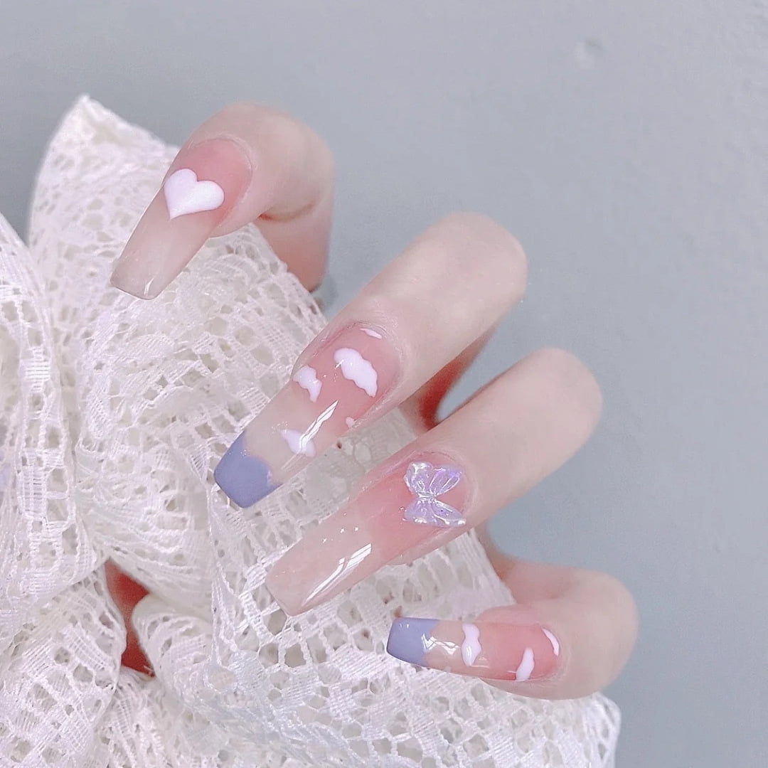 24pcs Nails Patch White Clouds Butterfly Printed Glue Type Long Paragraph  Fashion Manicure Patch - Walmart.com