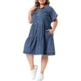 thumbnail image 4 of Agnes Orinda Women's Plus Size Denim Babydoll Dress Short Sleeve Button Down Tiered Hem Casual A-line Jean Dresses with Pockets 4X Grey Blue, 4 of 6