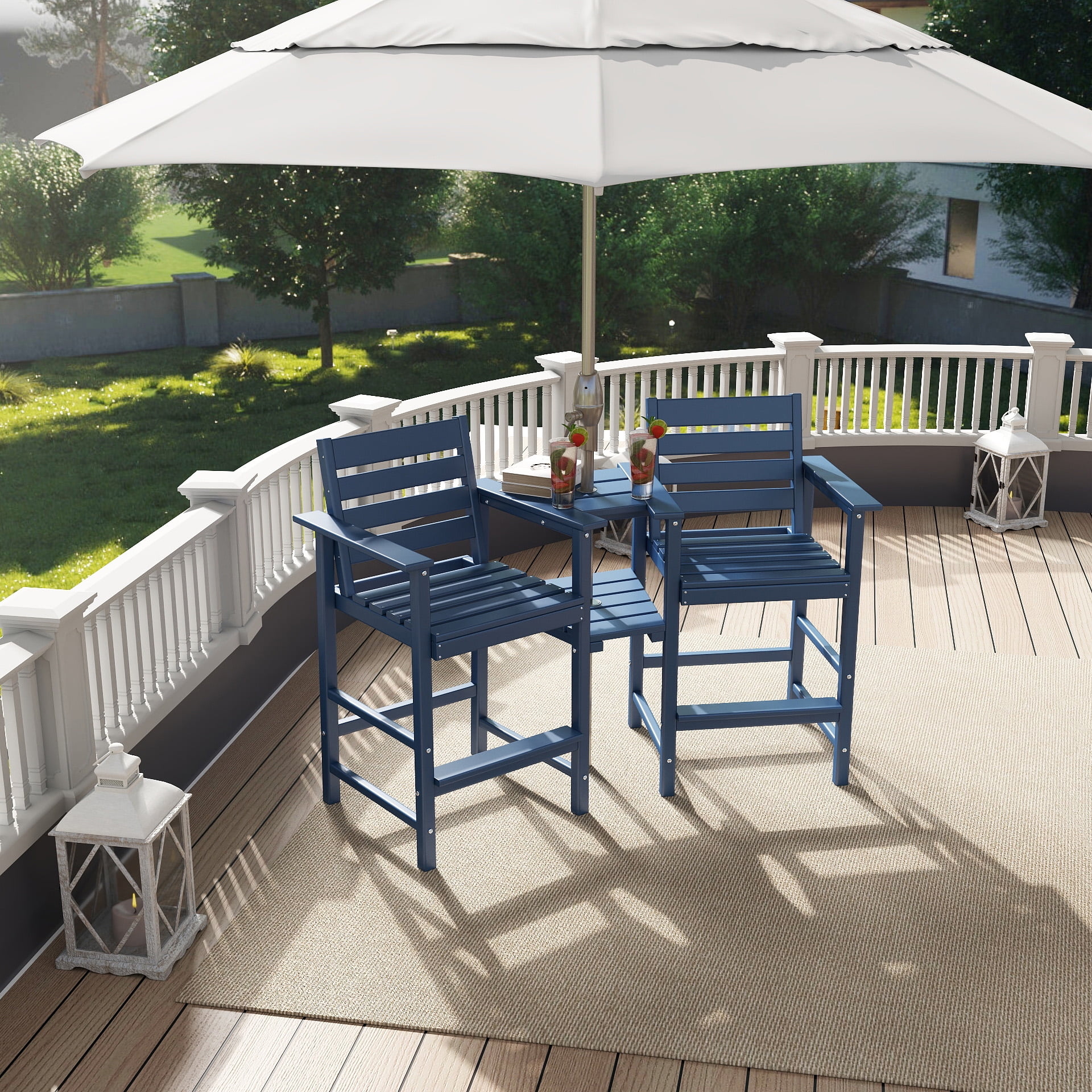 FOOWIN HDPE Plastic Tall Adirondack Chair Set of 2 W/ Outdoor Barstools and Connecting Tray, Blue