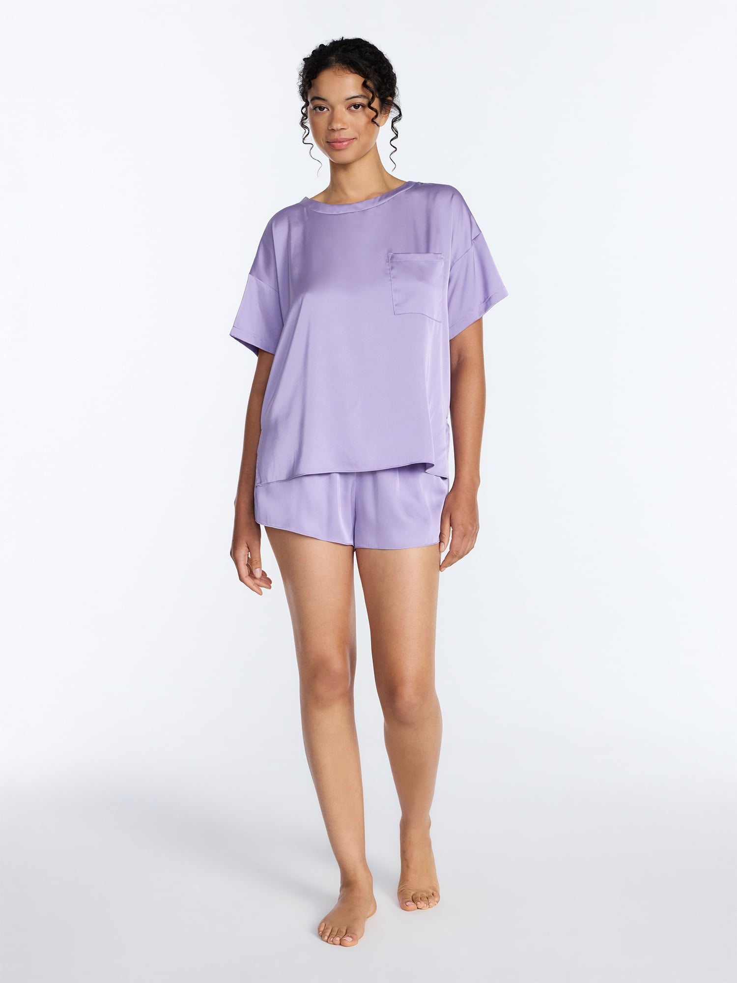 Joyspun Women’s Short Sleeve Stretch Satin Top and Shorts Pajama Set, 2-Piece, Sizes XS-3X