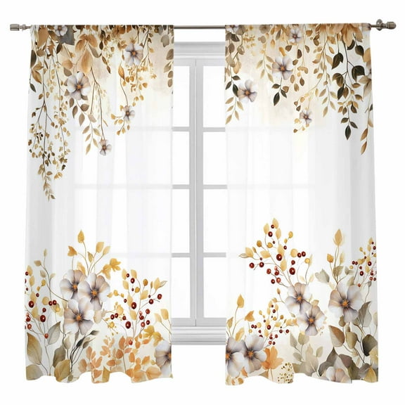 Fall Floral Sheer Curtains 63 inches Long, Wildflower Plant Watercolor Berry Leaf Light Filtering Sheer Window Curtains Rod Pocket Voile Drapes for Bedroom Living Room, 52"W x 63"L 2 Panels