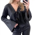 thumbnail image 3 of Blusas con Lazo Frontal para Mujer, Camisas de Y2K, Mangas Acampanadas, Cuello en V, Ropa para Salir, Blusas Casuales con Cordones. Negro L, 3 of 9