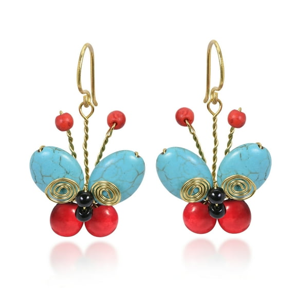 Gorgeous Mix of Colorful Stones & Brass Butterfly Dangle Earrings