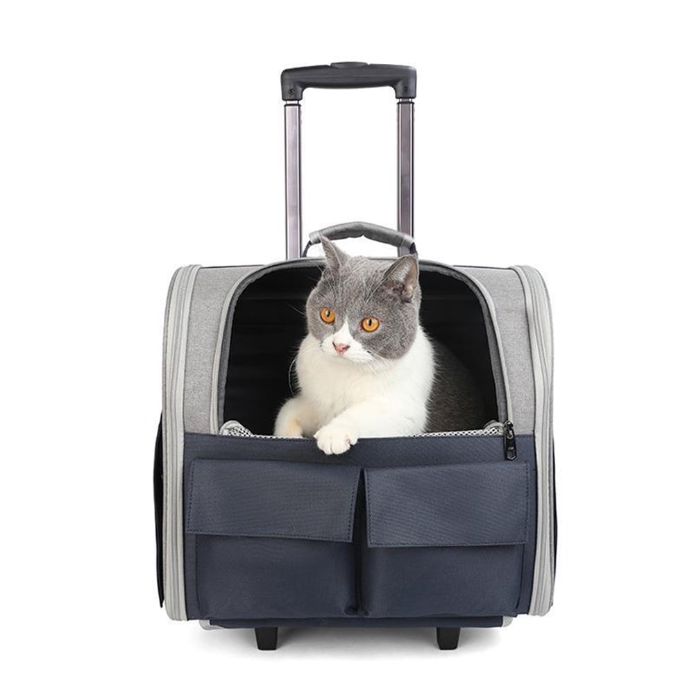 Pet Wheeled Carrier Backpack, Cat Dog Stroller Bag with Trolley Travel