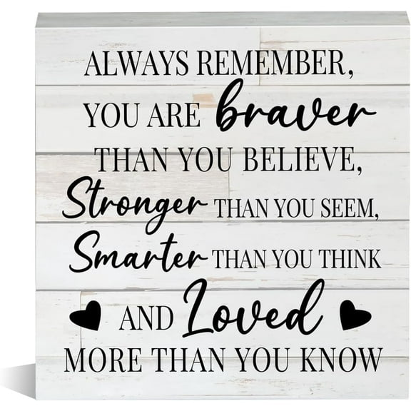 Zomyto 7x7 Inch Rustic Motivational Sayings Wooden Box Sign Always Remember You Are Braver Stronger Smarter Loved Wood Block Tabletop Sign