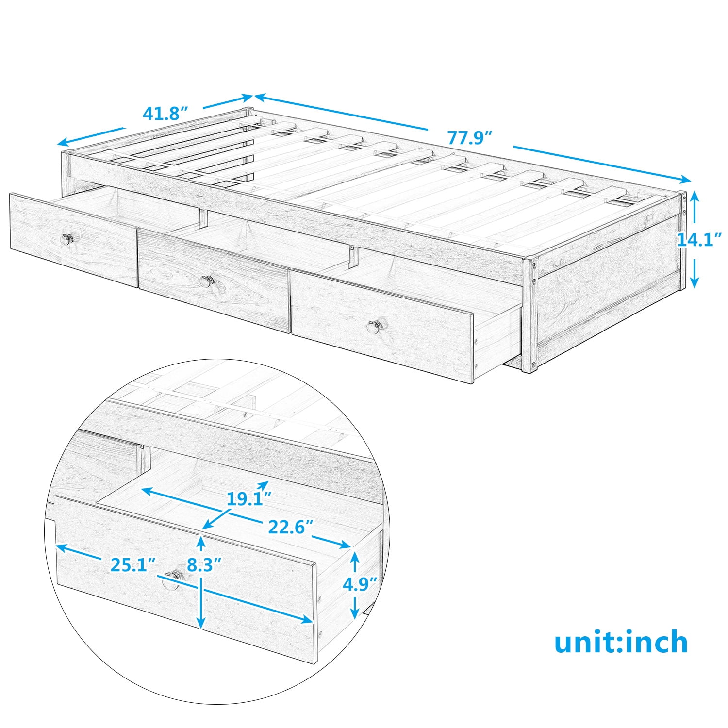 Kadyn Twin Platform Bed Frame, Twin Size Platform Storage Bed with 3 Drawers, Bed Frame for Kids, White