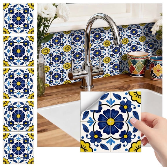 24Piece Matte PVC  Tile Sticker Peel and Stick Backsplash 5.9" x 5.9" DIY Decor Blue Yellow Flowers Wall Stickers Waterproof Self Adhesive Decals