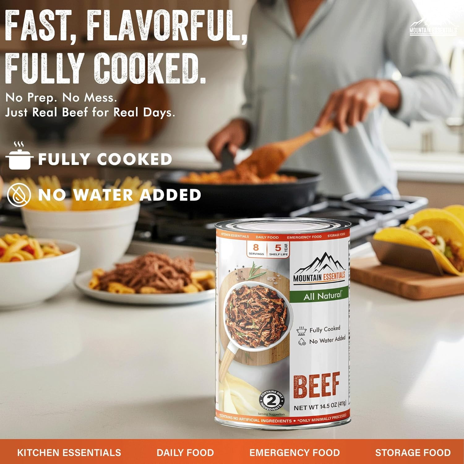 Mountain Essentials Canned Beef, Fully Cooked Ready-to-Eat, 14 oz (Pack of 6), Long Shelf-Life Emergency Food