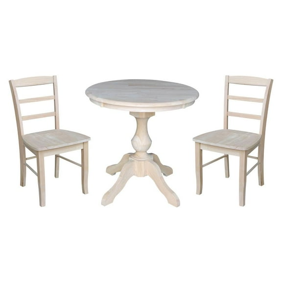 30" Round Top Pedestal Dining Table with 2 Madrid Chairs - Unfinished - 3 Piece Set