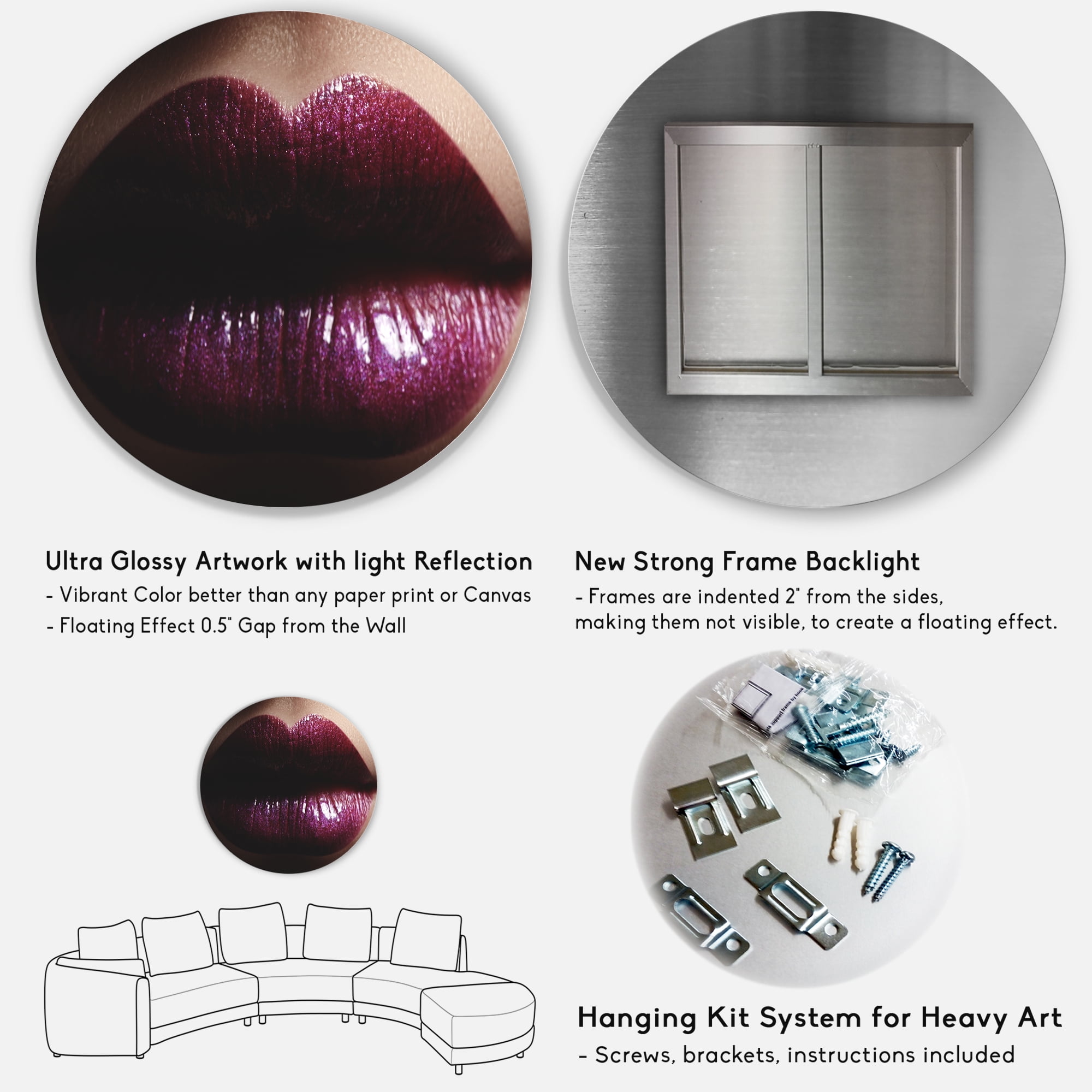 Designart 'Close-Up Of Woman Plump Lips With Glitter' Modern Circle Metal Wall Art 29x29 - Disc of 29