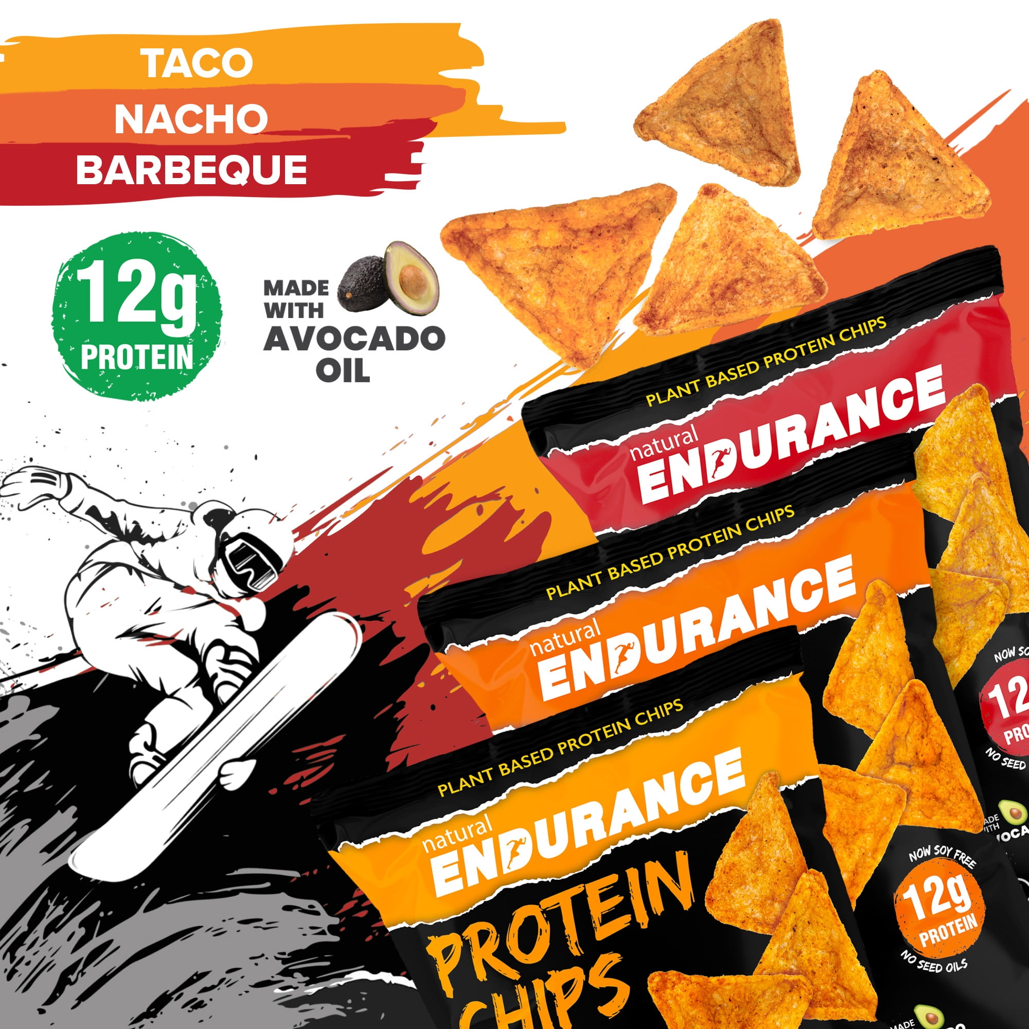 Natural Endurance Plant Based Protein Chips, Gluten-Free Healthy Protein Snacks, 12g Protein, 3 Flavor Mix, 1.38 oz, 12-Pack
