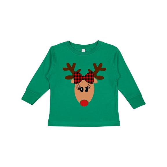 Inktastic Cute Girl Reindeer with Buffalo Plaid Bow Boys or Girls Long Sleeve Toddler T-Shirt
