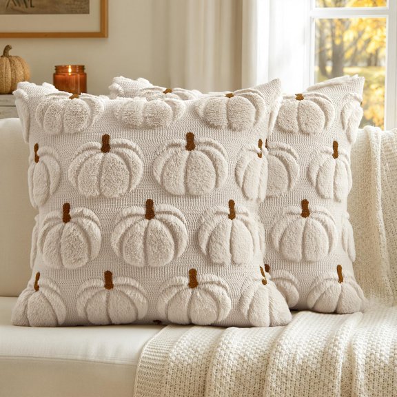 Fall Pumpkin Plush Pillow Covers 18x18, Faux Fur Decorative Pillow Cases for Couch, Halloween Decor for Living Room Bedroom, 2 Set, Beige Brown Stem