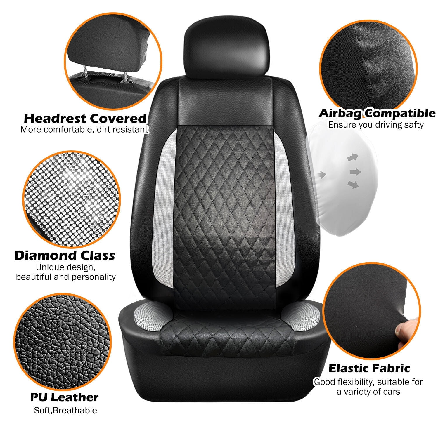 Bling Diamond Car Seat Covers Full Set, Shining Rhinestone Faux Leather Automotive Seat Cushion Universal fits Most Cars