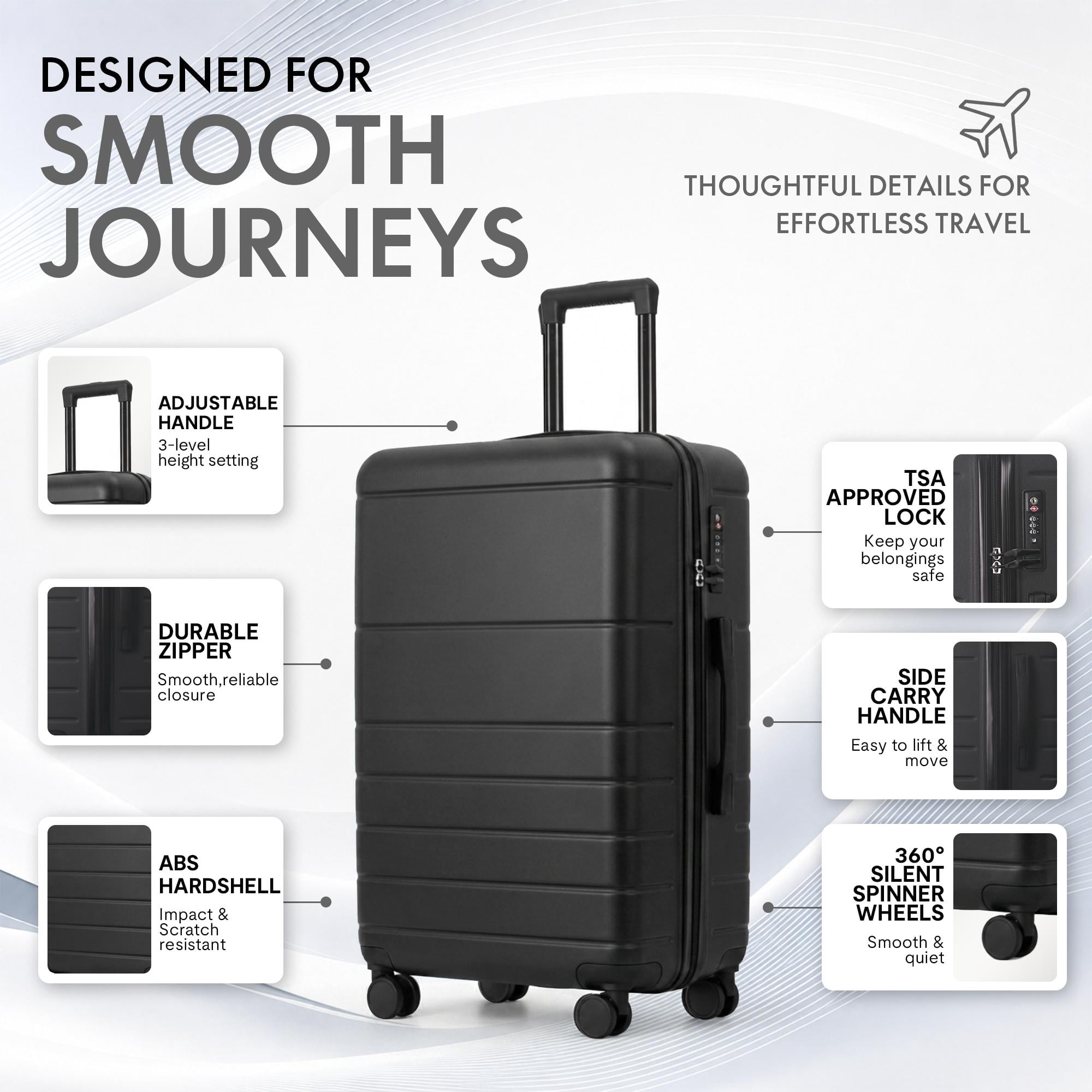3-Piece ABS Hardshell Luggage Set, Lightweight Scratch-Resistant Suitcases with Silent Spinner Wheels & TSA Lock, Black