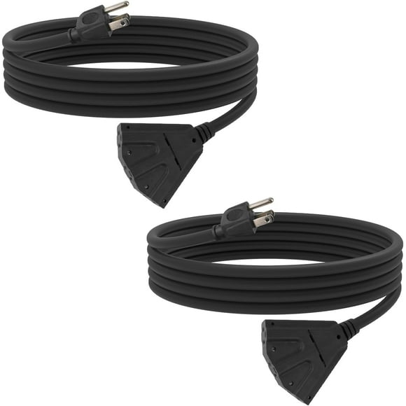 SHIQI-2 Pack 10 Ft Outdoor Extension Cord with 3 Electrical Power Outlets - 16/3 SJTW Black Cable with 3 Prong Grounded Plug