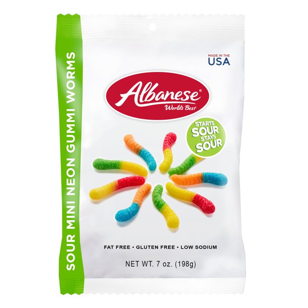 Albanese FatFree GlutenFree Mini Sour Neon Gummi Worms, 7 Oz