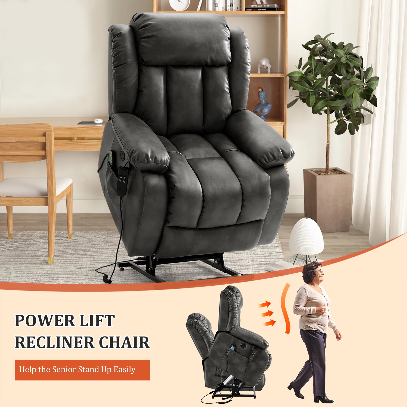 TEKAMON Infinite Position Lift Recliner Chair for Elderly with Heat and Massage Lay Flat Sleeping Leather Dual Motor Power Lift Chair for Living Room (Grey)