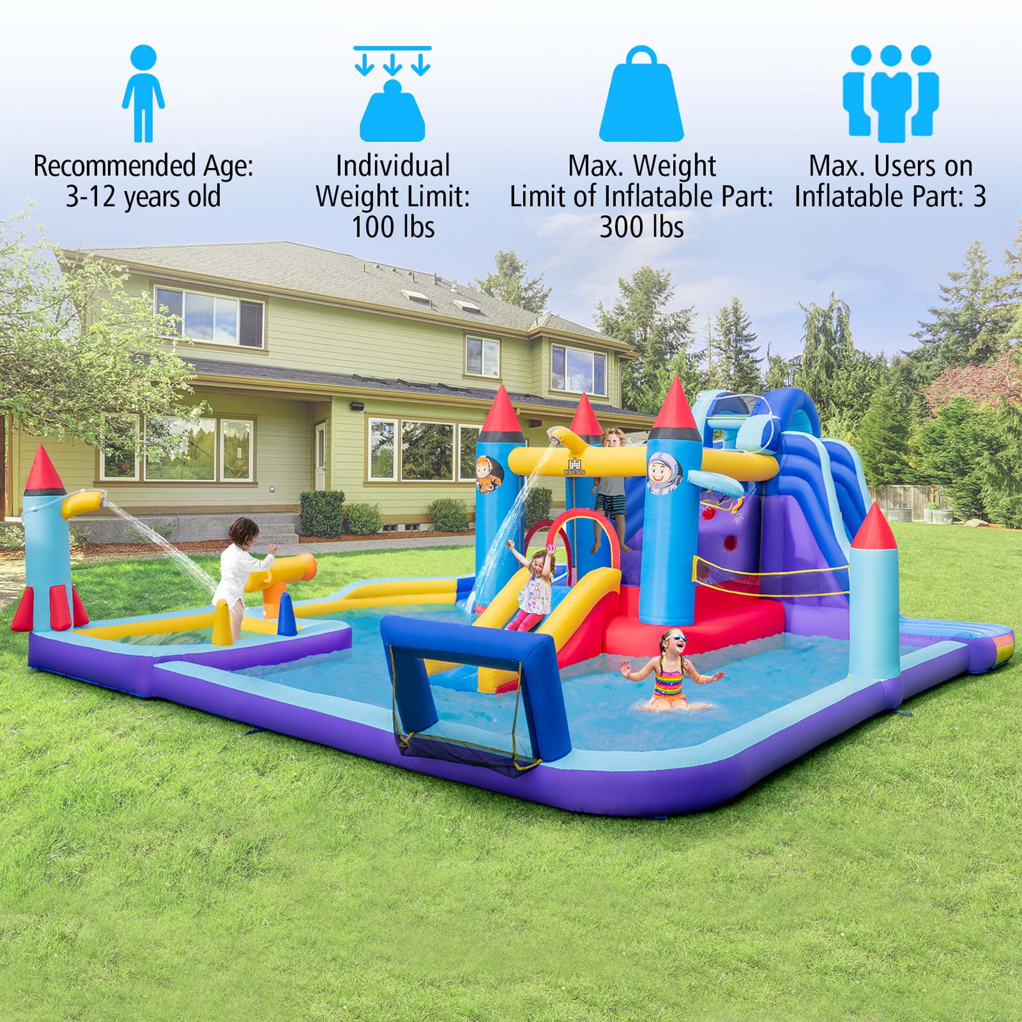 Costway Rocket Theme Inflatable Water Slide Park with 2 Slides Splash Pool without Blower