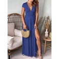 thumbnail image 4 of Women'S Deep V Neck Solid Color Pleated High Waist Slit Club Party Evening Long Maxi Dress Blue S, 4 of 7