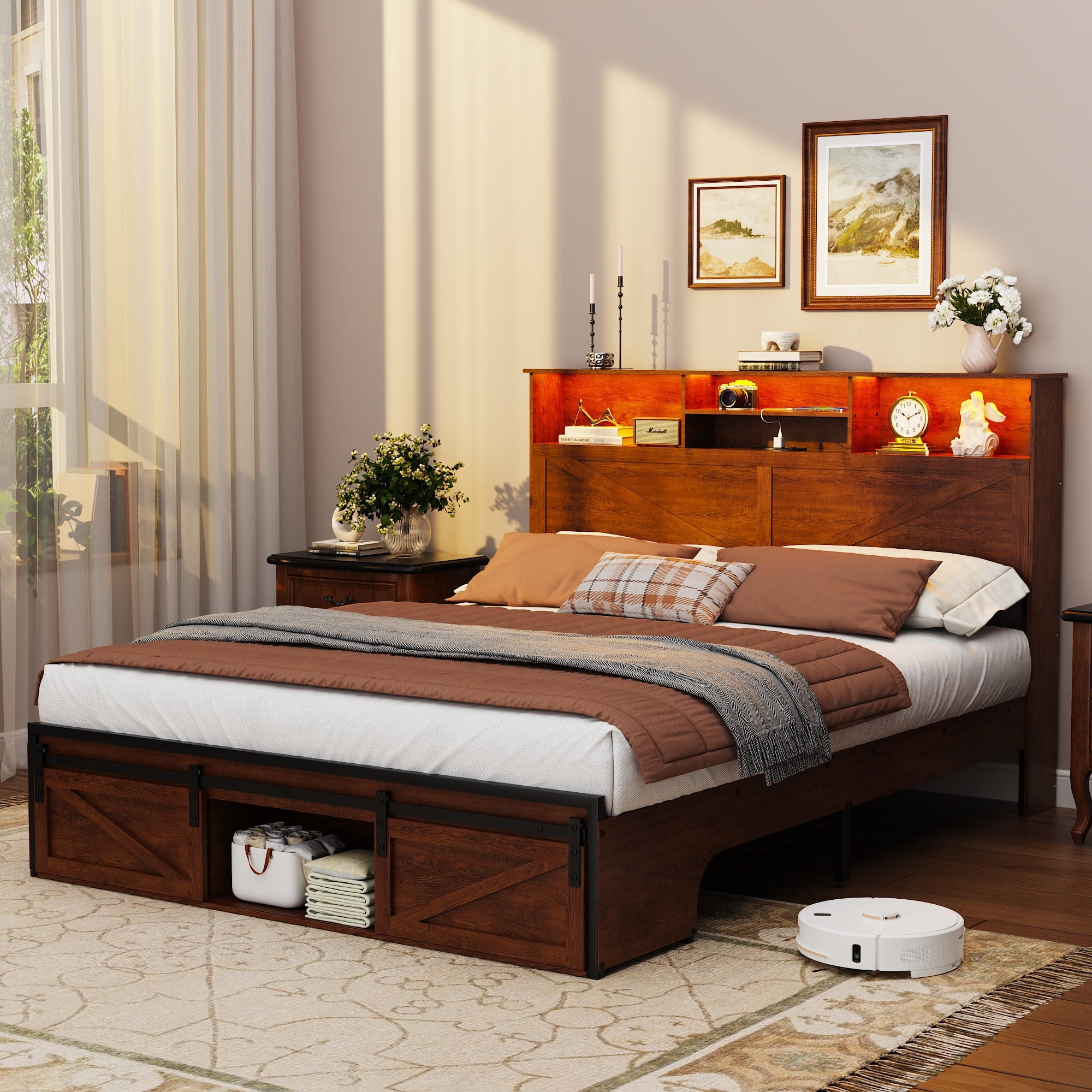 Full Size Bed Frame, Holaki Farmhouse Full Bed Frame with Storage Headboard, Charging Station & LED Lights, 2 Storage Drawers, No Box Spring Needed, Noise Free, Easy Assembly, Dark Brown