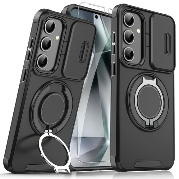 Dteck Magnetic Case with Tempered Glass Screen Protector for Samsung Galaxy A16 5G,Shockproof Hard Plastic Shell Phone Case with Phone Ring Grip Holder Kickstand/Slide Camera Cover,Black