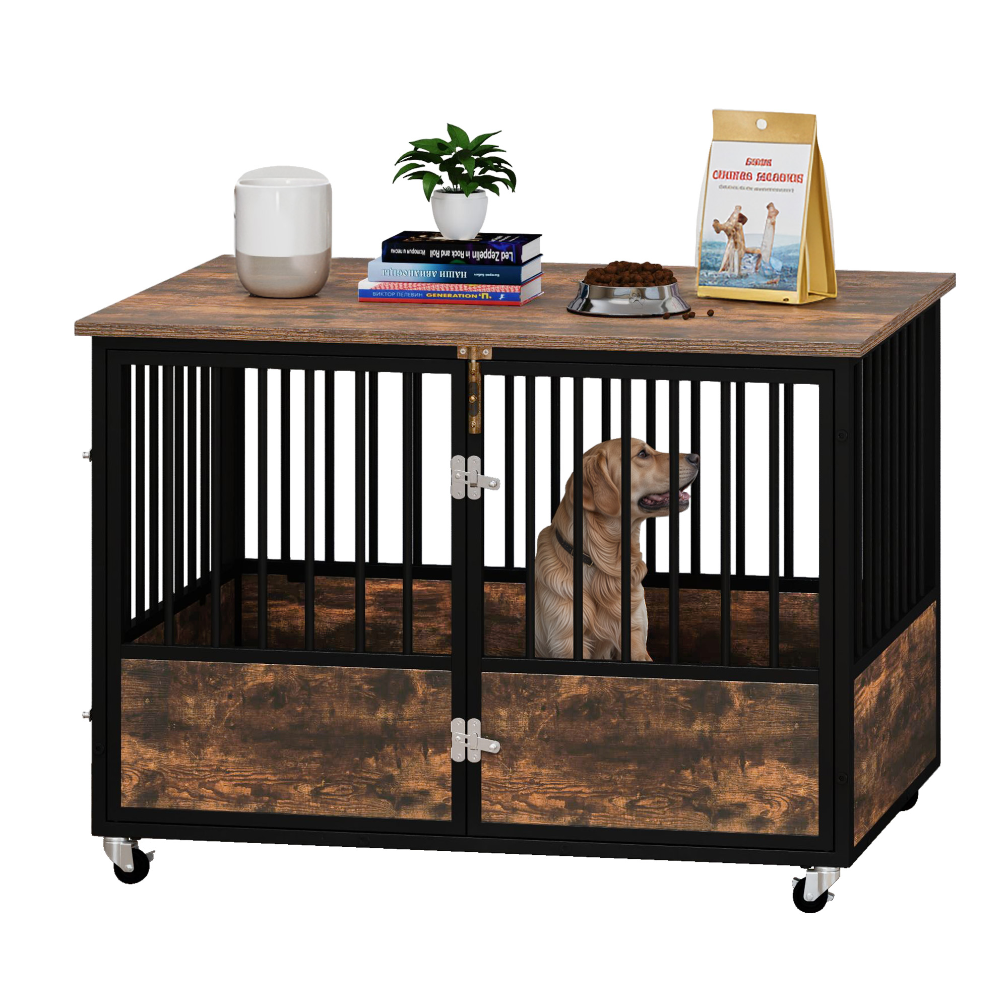 Uforic 43" Rustic Brown Dog Crate Furniture with Wheels, Double-Door Kennel for Small/Medium/Large Dogs, Escape-Proof Indoor Pet Cage, Wooden End Table