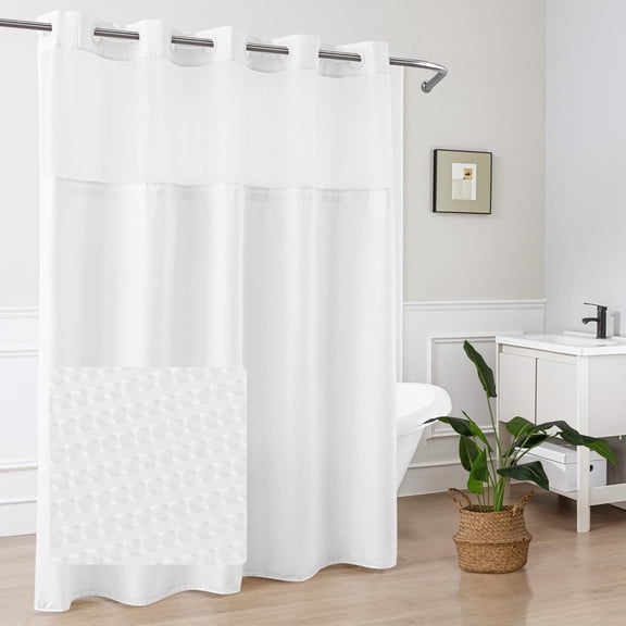 No Hook Shower Curtain with Snap-in Liner Less Time On/Off, Embossed Waffle-Look Textured Fabric for Bathroom Hotel Style, Washable, Soft & Lightweight, 71x74, White