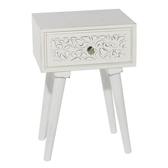 DecMode 16" x 24" White Mango Wood Intricately Carved Single Drawer Scroll Accent Table, 1-Piece