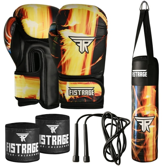 FISTRAGE Kids Youth Boxing Set Junior Gloves Rope Bandage Black-Yellow