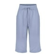 thumbnail image 5 of Women's Casual Pants Linen Shorts For Women Knee Length Shorts Casual Drawstring Elastic Waist Shorts Loose Athletic Beach Shorts,Blue Women's Casual Pants L, 5 of 6