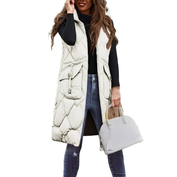 Xyxonk Women's Long Quilted Cotton Vest Sleeveless Hooded Padded Coats Jacket Outerwear with Pockets,White 2XL