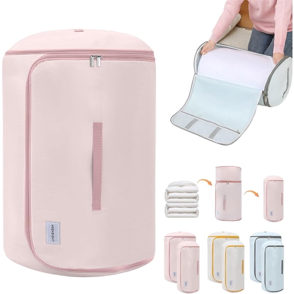 Ultra Space Saving Roll Up Self Compression Organizer - Large Capacity Blanket Storage Bags, Self Compression Storage Bags, Washable Compression Bags for Storage Comforter Blanke (pink, L)(Q)