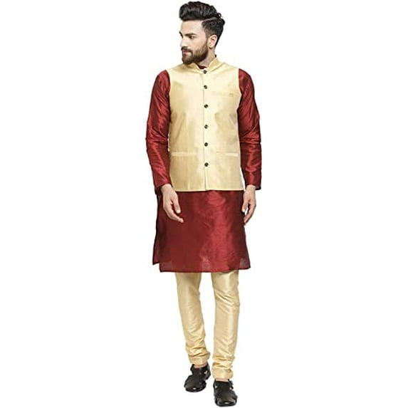 Royal Kurta Men's Silk Blend Kurta Pyjama & Nehru Jacket Set (44, Maroon-Gold)