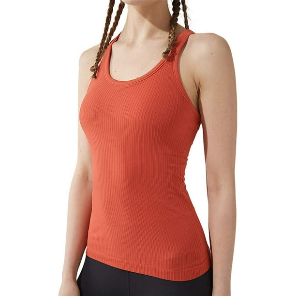 Yoga Racerback Tank Top for Women with Built in Bra,Womens Padded Sports  Bra Fitness Workout Running Shirts (Orange, Large)