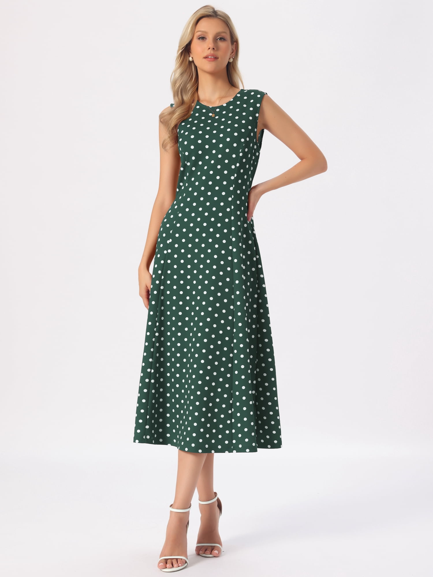 DARING DIVA Women's Polka Dots Sleeveless Vintage Crewneck Midi Dress M Dark Green