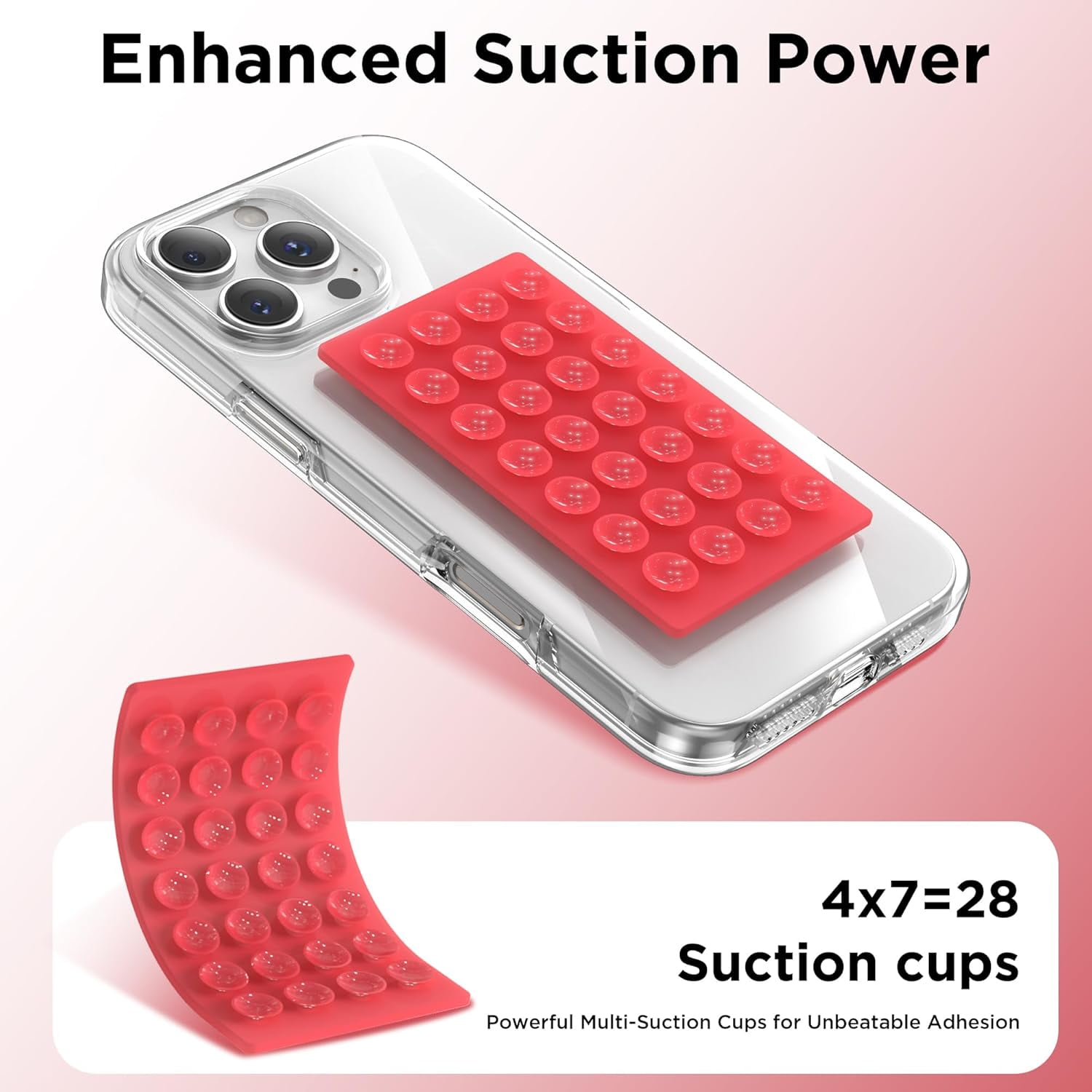 MKEUDQ-2 Pack Silicone Suction Cup Phone Case Mount Double-Sided, Hands-Free Strong Grip Holder for iPhone and Android, Sticky Phone Stand for Selfies and Videos, Red+Transparent