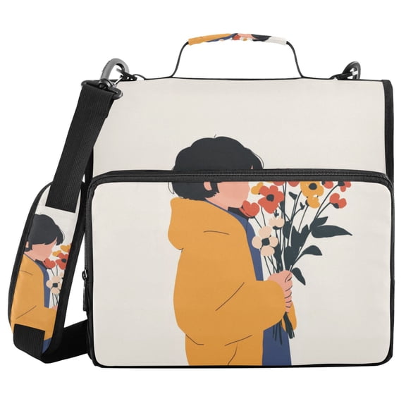 FORMRS Zipper Binder with Shoulder Strap 2-inch Ring 500 Sheet Capacity File Bag, Cartoon Flowers