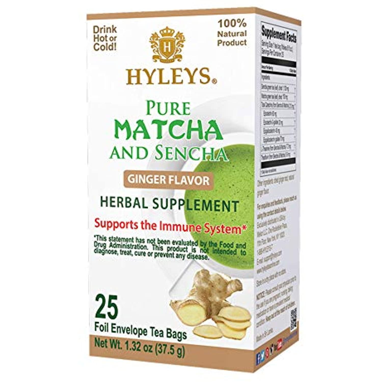 Hyleys Tea Wellness Japanese Pure Matcha Green With Bags (100 Natural/Sugar Free/Gluten Free And Non Gmo), Ginger, 25 Count