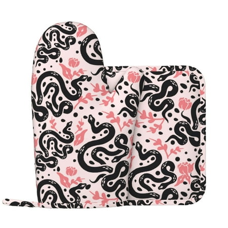 

Oven Mitts and Pot Holders Sets Simple Cute Snake Flower Pink Non-Slip Silicone Oven Gloves Potholders Cotton Lining Heat Resistant Gloves Hot Pads for Kitchen Cooking Baking