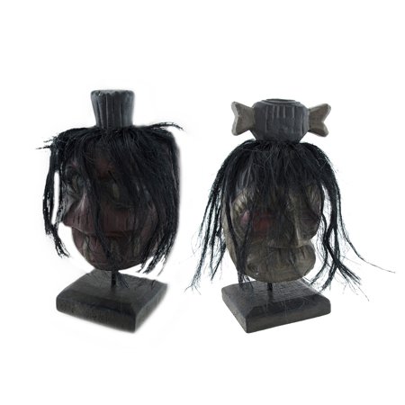Pair of Creepy Wooden Black Hair Shrunken Head Statues