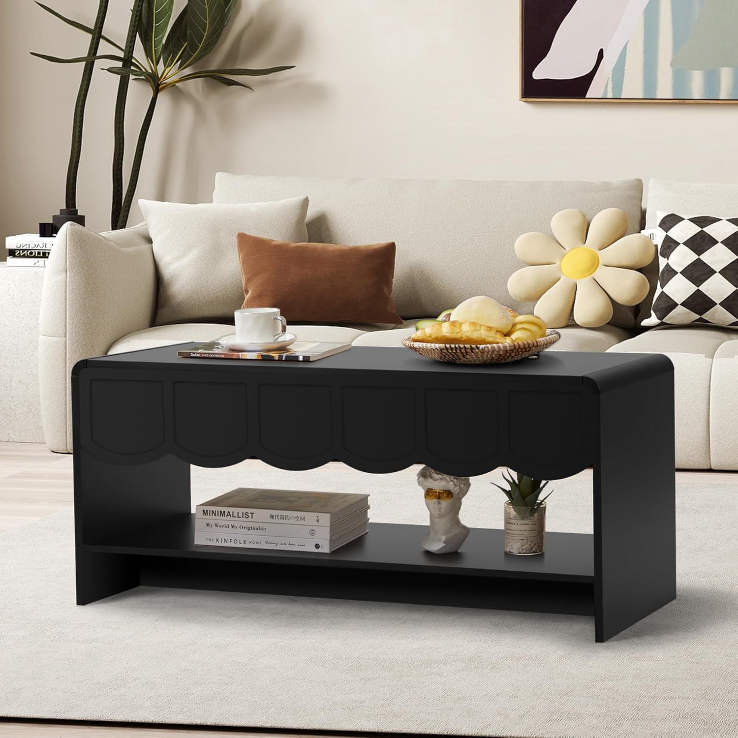 Wirrytor Lift Top Coffee Table with Storage for Living Room, Oval Coffee Table with Hidden Compartment and Open Shelf, Modern Center Table with Wave Edge Design