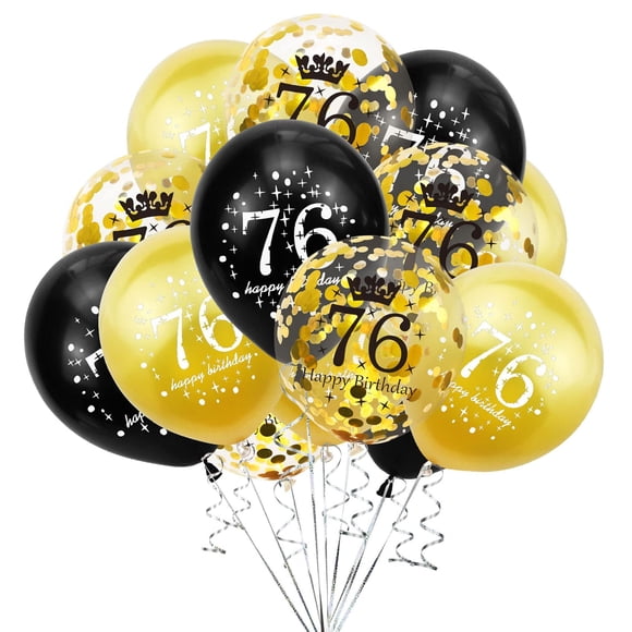 Globos SHUNTAI 76.º cumpleaños negro y dorado, 15 unidades, 12"