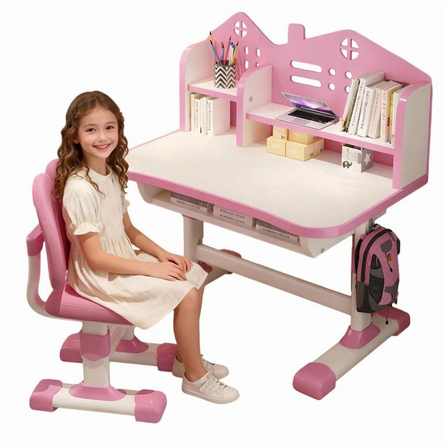YNCE Kids Table and Chairs Set 5-16,Height Adjustable Children Study Chair Set,Multifunctional Writing Desk Table with Drawer,Bookstand,Ergonomic Learning Drawing Desk for Girl Boy